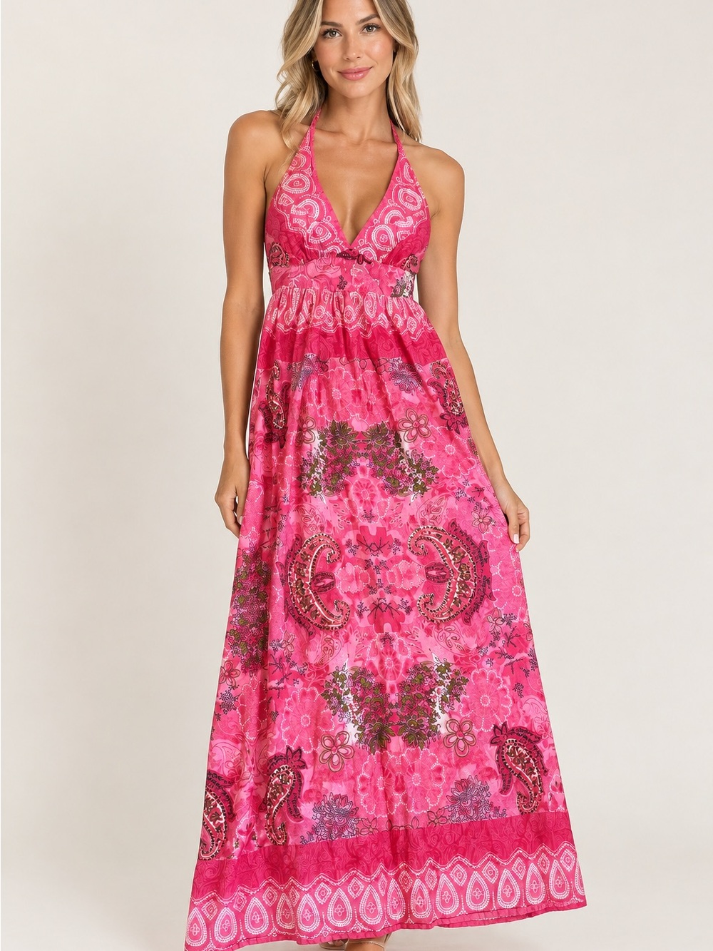 100% Cotton Sleeveless Halter Maxi Dress in Vibrant Pink Paisley